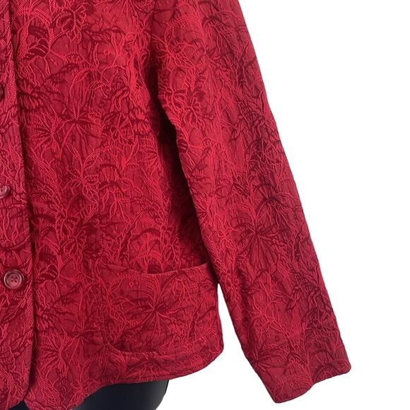 Coldwater Creek Reds Embroidered Floral Detail Comfort Stretch Button Blazer M - Picture 5 of 10